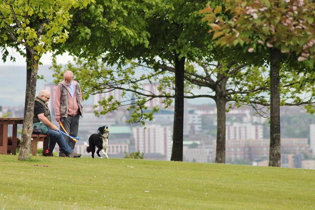 Two men, one sitting and one standing, are in a park holding ball throwers while their dog runs with a ball in its mouth