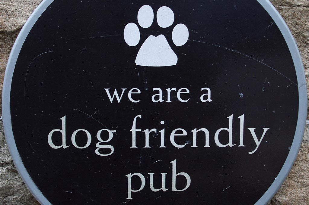 The words 'we are a dog friendly pub' written on white on a black sign, with a cartoon paw print above