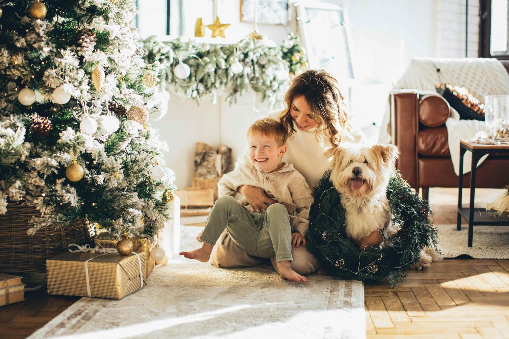 Mother and toddler Son sit by a christmas tree with their Dog - cairn or westie - who has a wreath around them